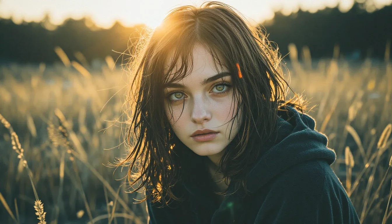 a streetwear influencer with wet-look hair in a gentle reach toward the lens, in a backlit golden-hour field, moody Fuji