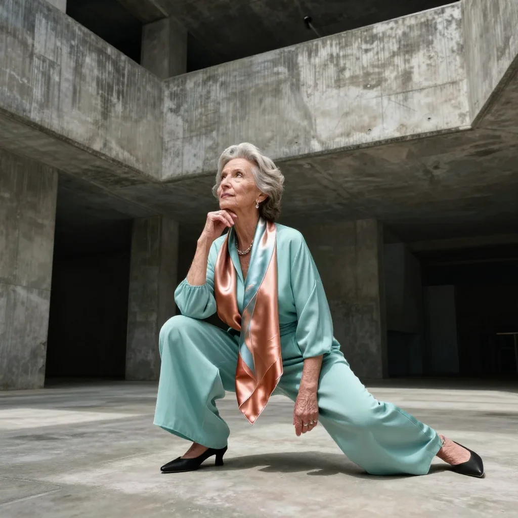 an elegant older stateswoman in a silk scarf in a low lunge with a lifted chin, in a brutalist concrete atrium, bold Hel