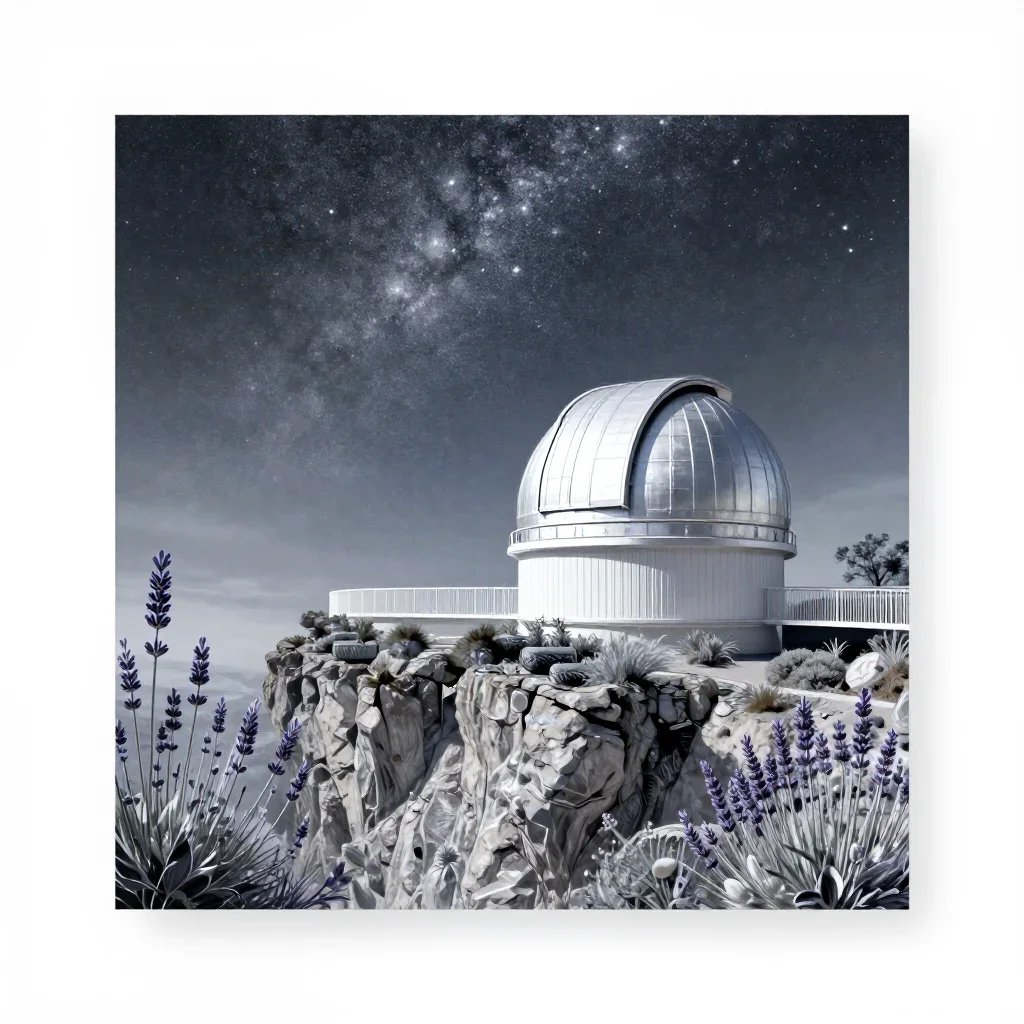a cliffside observatory beneath a star-filled sky, contemporary botanical illustration, clean natural textures, lavender