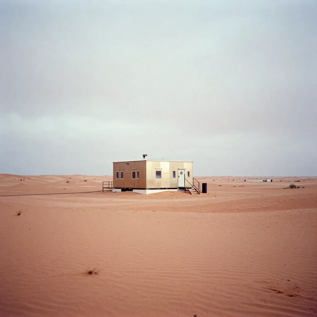 a desert research station under overcast coastal light, soft-grain analog film photography, gentle reflected light, terr