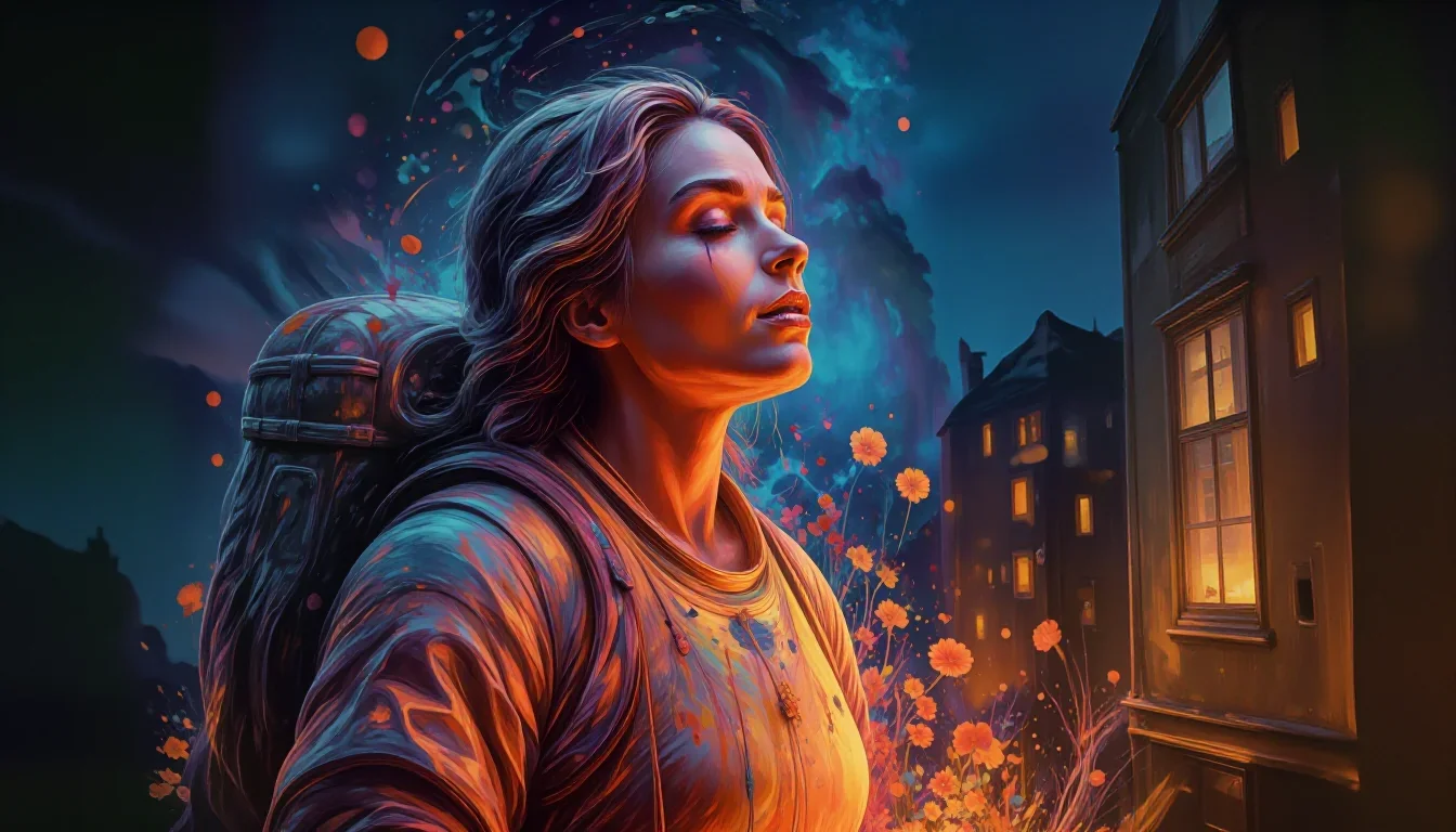 an astronaut in a reflective bodysuit among wildflowers in a deep breath with eyes closed, in a blue-hour city apartment