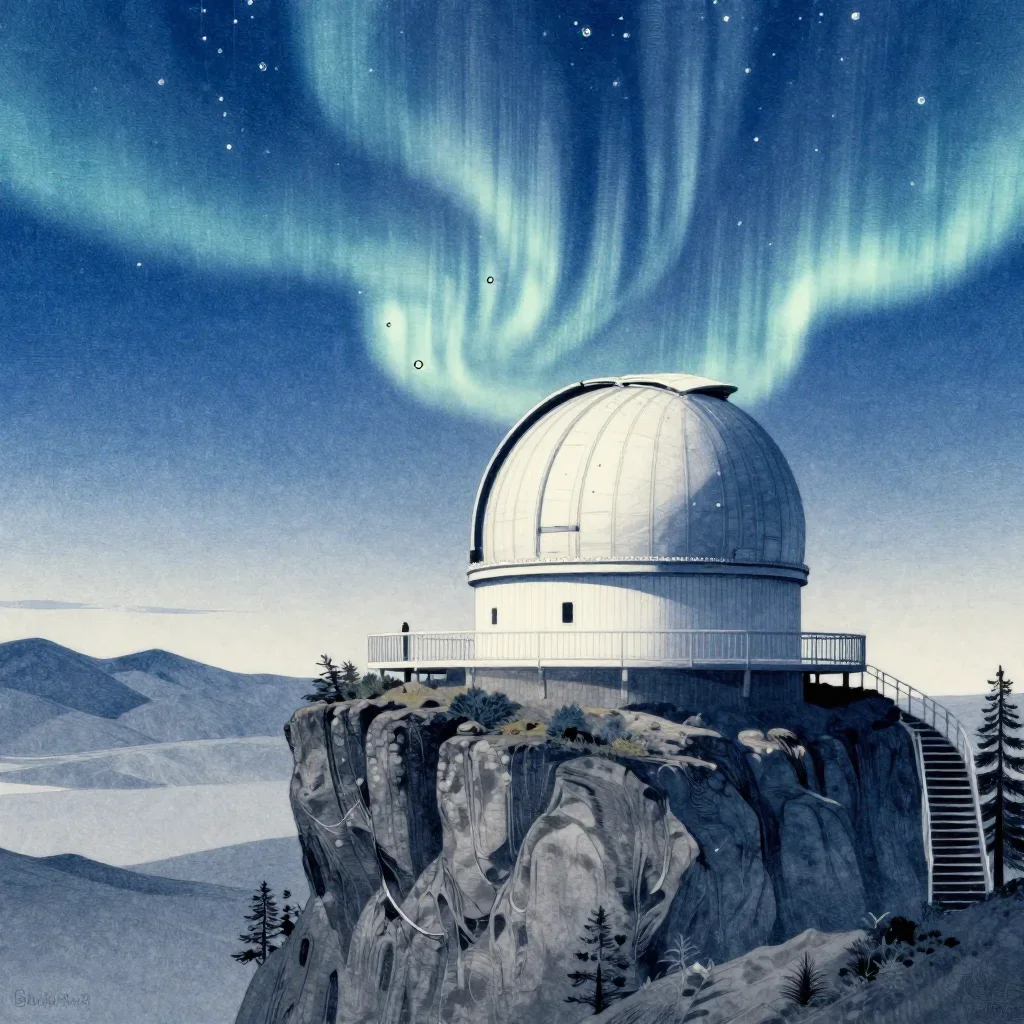 a cliffside observatory beneath an aurora, Japanese woodblock-inspired editorial art, crisp material detail, indigo and