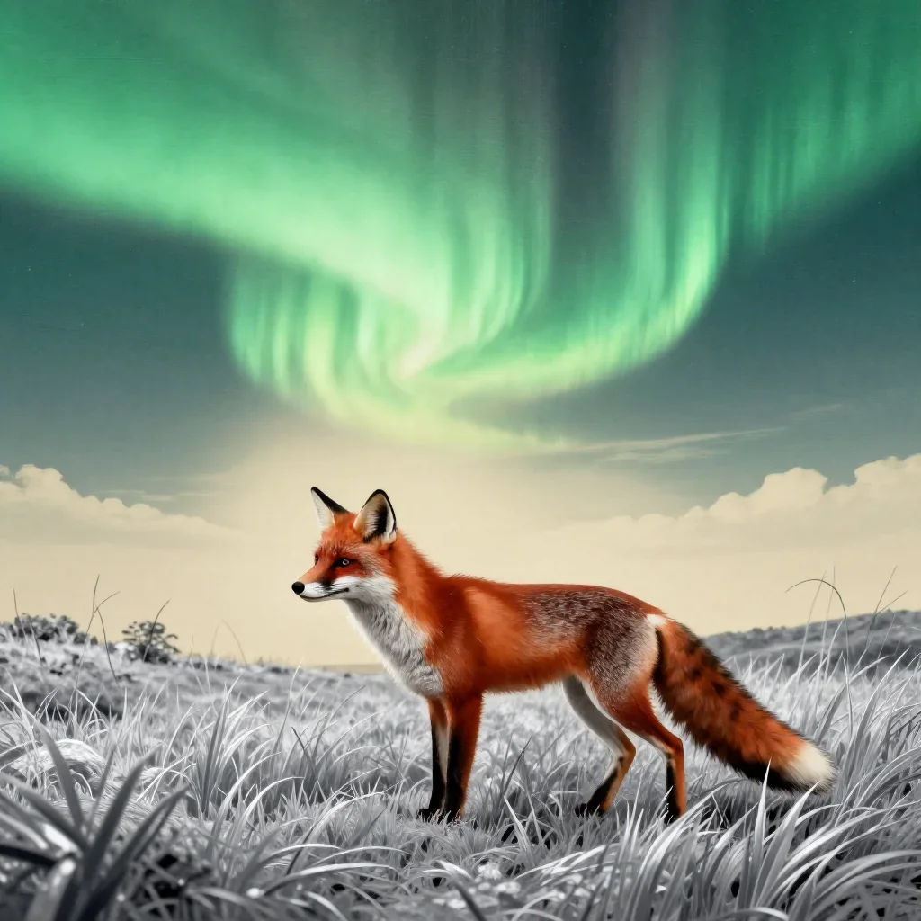 a red fox among silver grass beneath an aurora, Japanese woodblock-inspired editorial art, gentle reflected light, moss 
