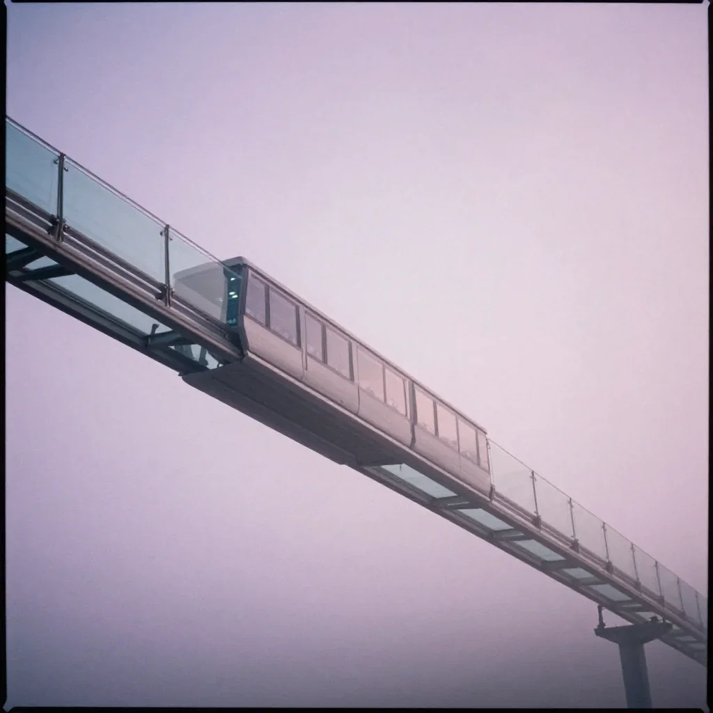 a glass monorail under soft dawn fog, soft-grain analog film photography, careful geometric composition, lavender and si