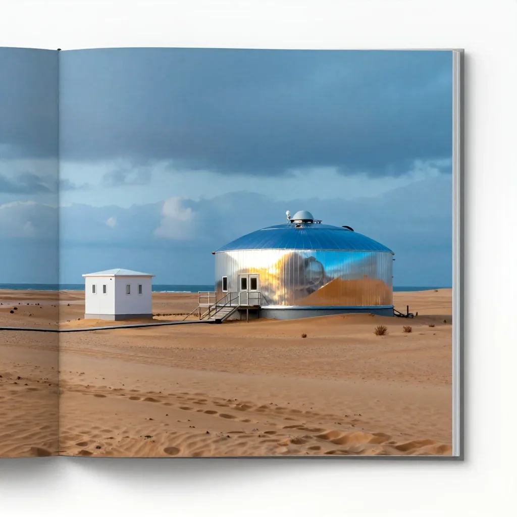 a desert research station under overcast coastal light, high-end design magazine photography, gentle reflected light, co