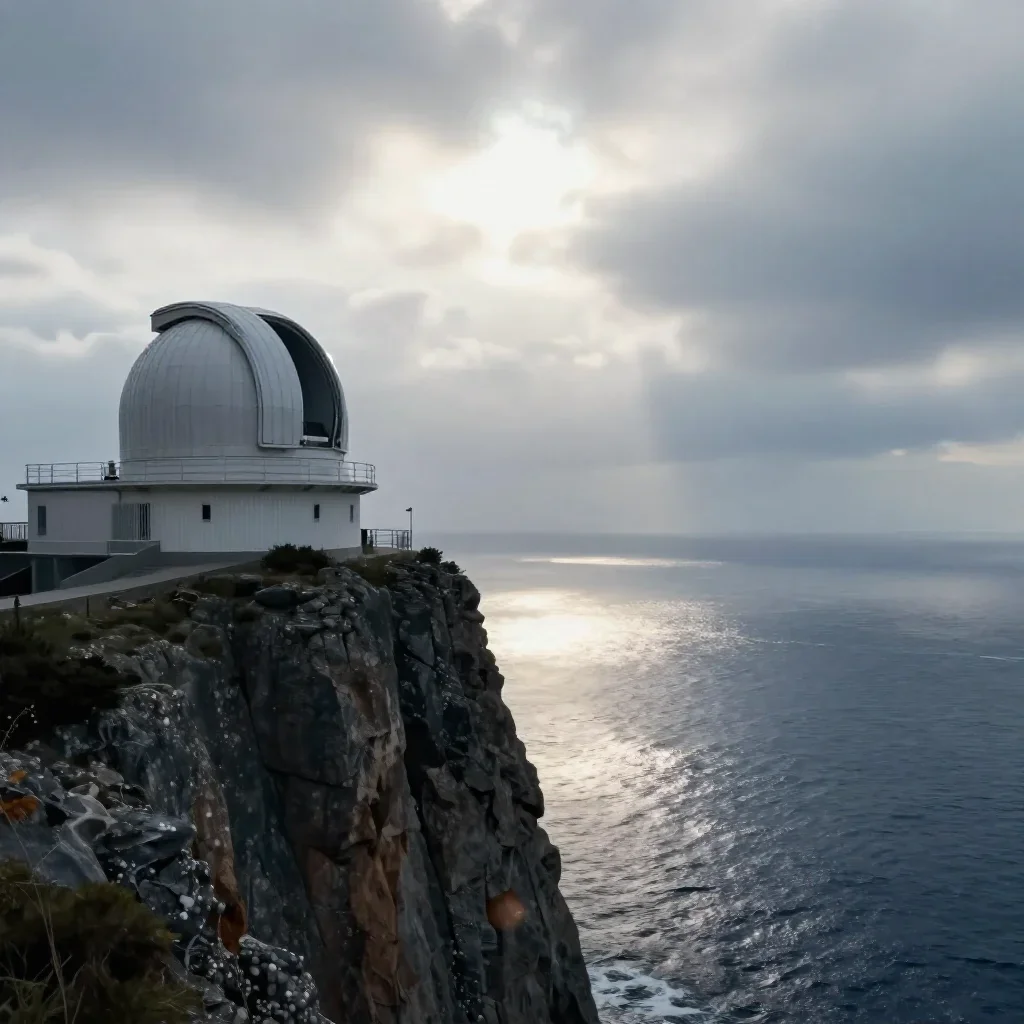 a cliffside observatory under overcast coastal light, quiet science-fiction concept art, gentle reflected light, indigo 