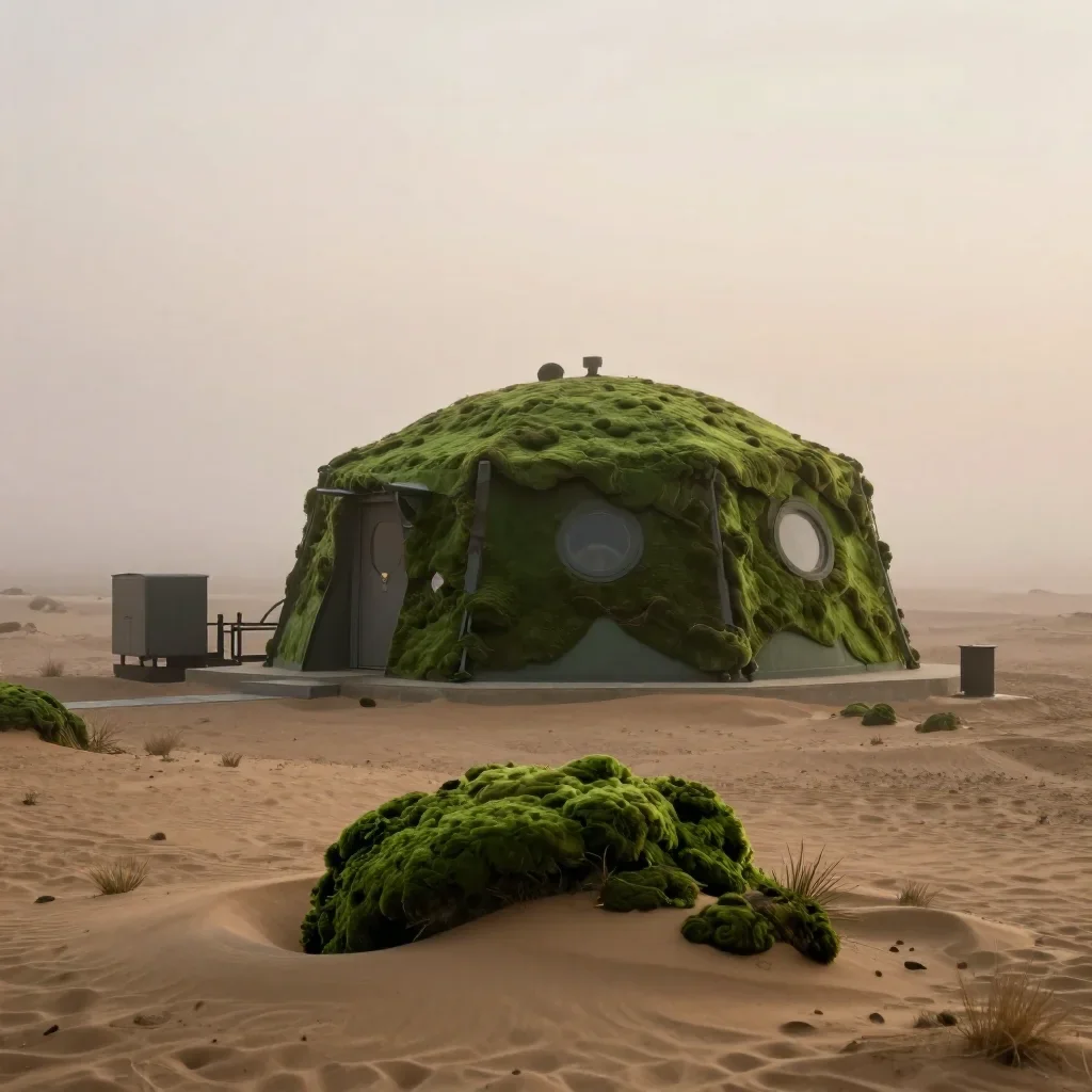 a desert research station under soft dawn fog, refined editorial travel photography, atmospheric depth, moss green and c