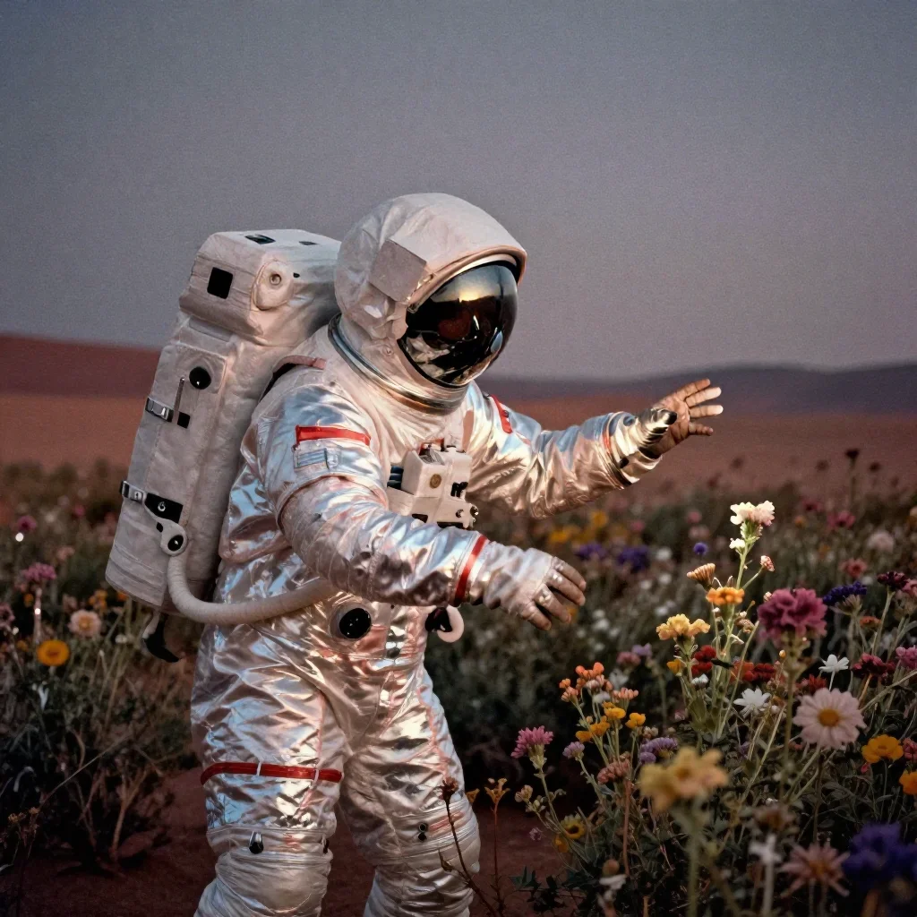 an astronaut in a reflective bodysuit among wildflowers in a gentle reach toward the lens, in a silent desert at twiligh