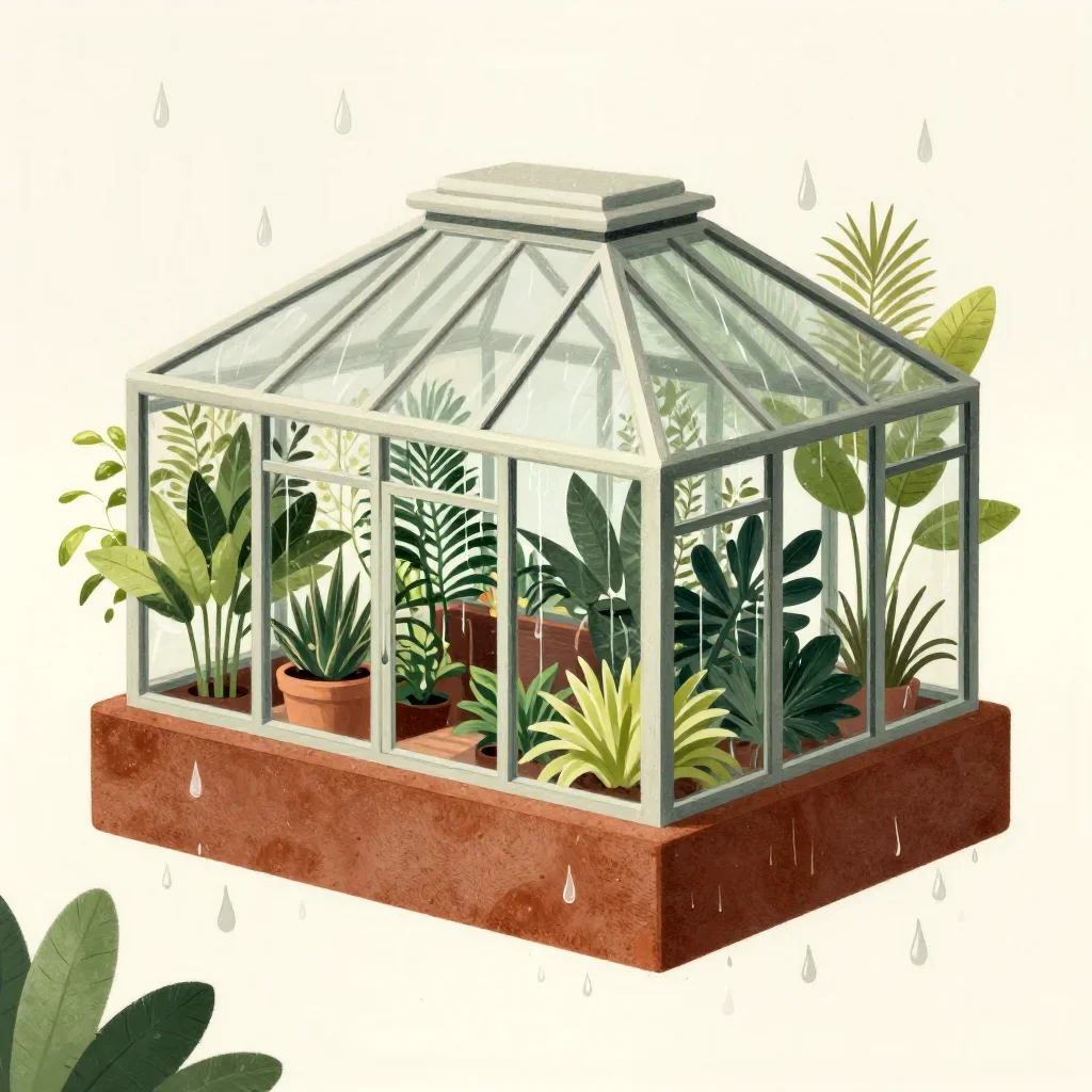 a floating botanical conservatory after warm summer rain, contemporary botanical illustration, careful geometric composi