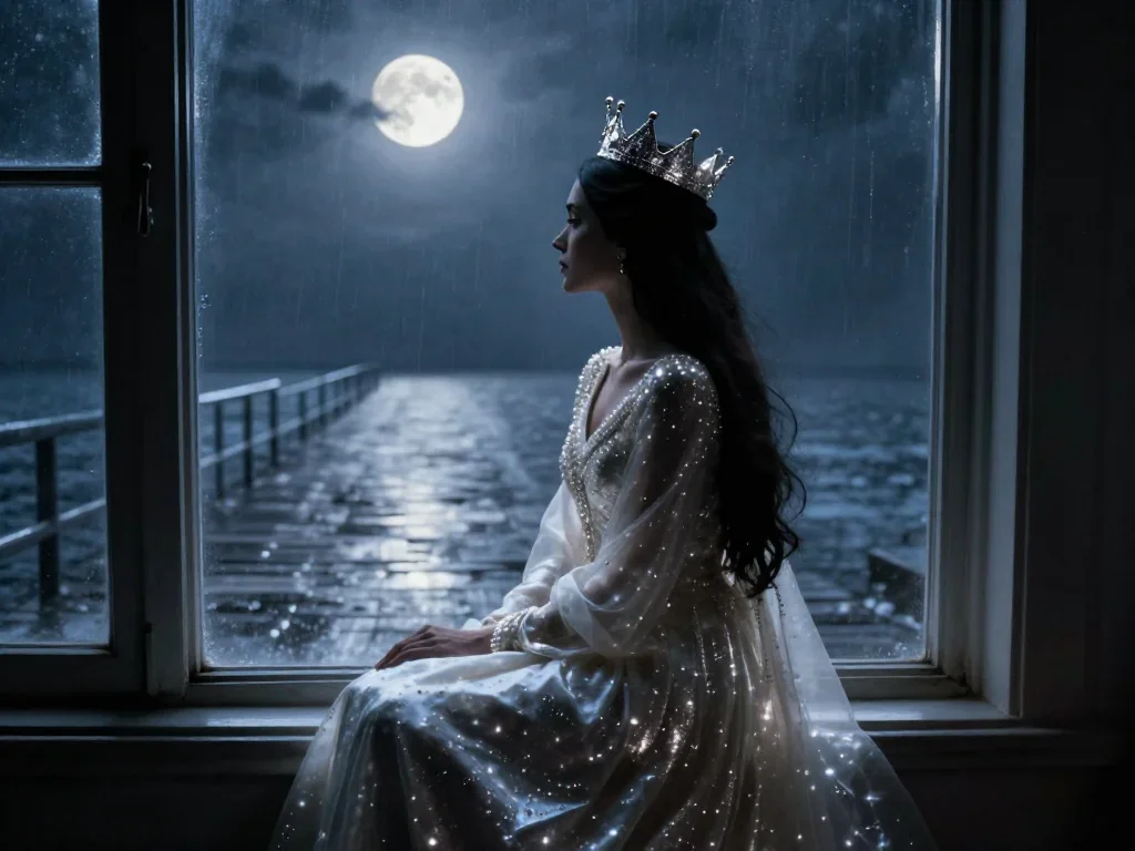 an elven queen in a moonlit silver crown in a seated silhouette against a window, on a storm-washed boardwalk, soft-grai