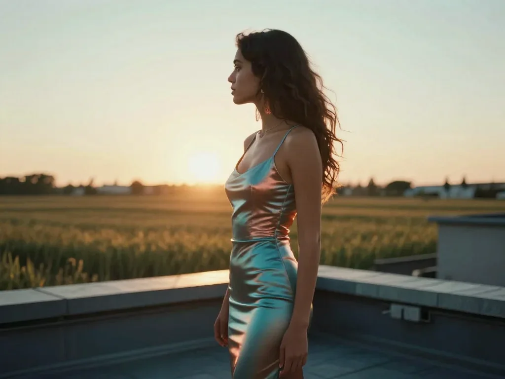 a muse on a rooftop at dusk in a body-con dress mid-turn with fabric catching the light, in a backlit golden-hour field,