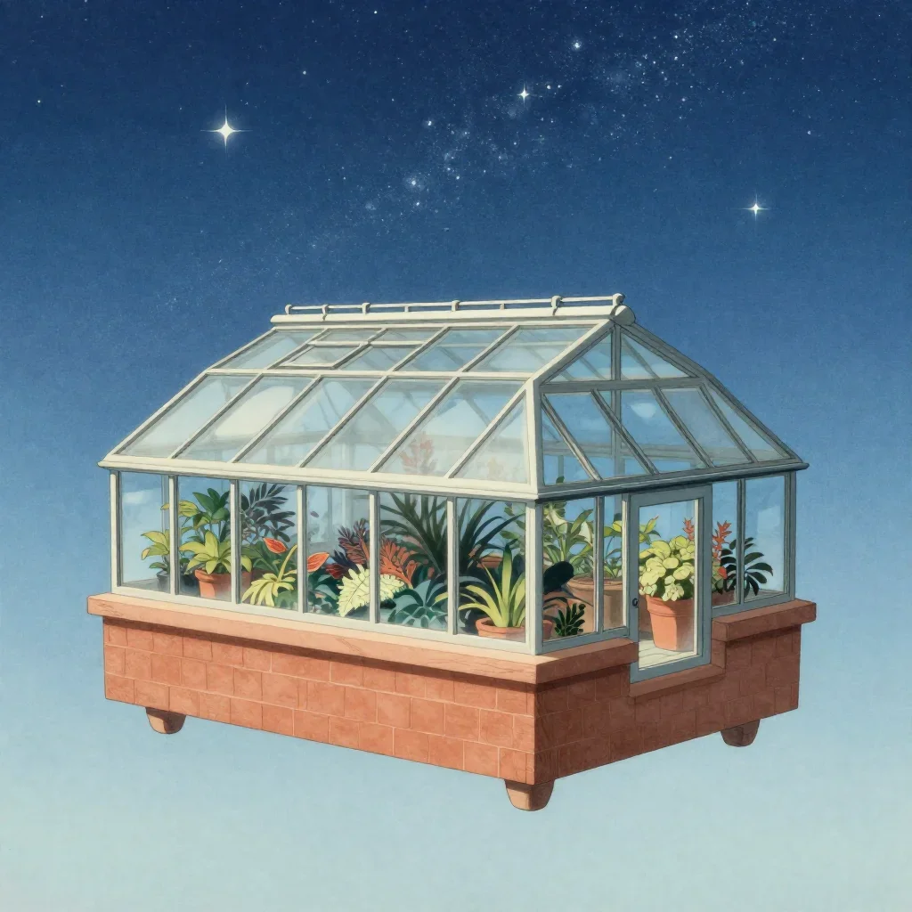 a floating botanical conservatory beneath a star-filled sky, Japanese woodblock-inspired editorial art, clean natural te