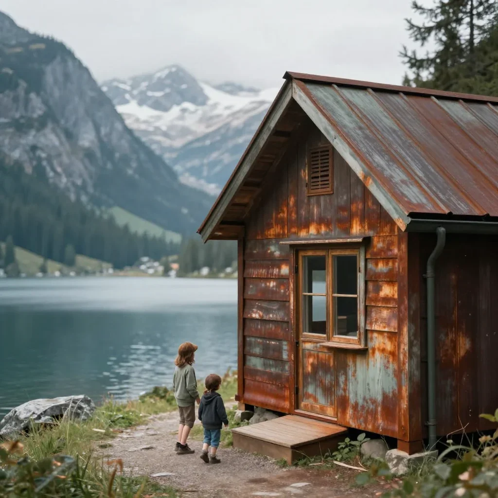 a cedar cabin beside an alpine lake in a gentle sea breeze, quiet science-fiction concept art, shallow depth of field, r