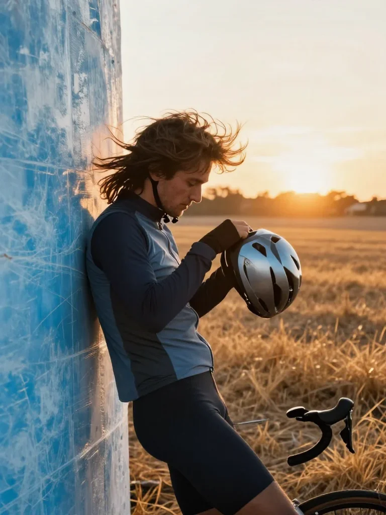 a rider removing a helmet, flushed and windblown in a wind-swept lean against a wall, in a backlit golden-hour field, ed