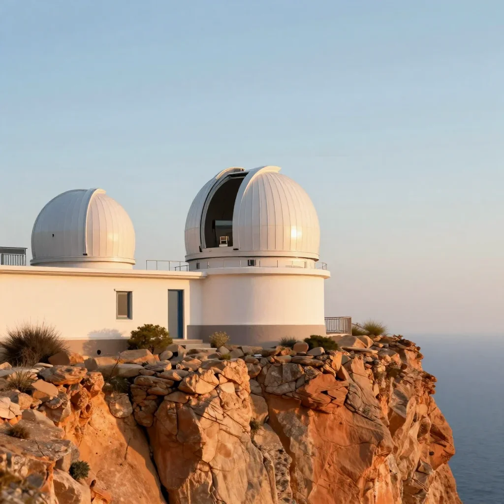 a cliffside observatory during golden hour, high-end design magazine photography, clean natural textures, terracotta and