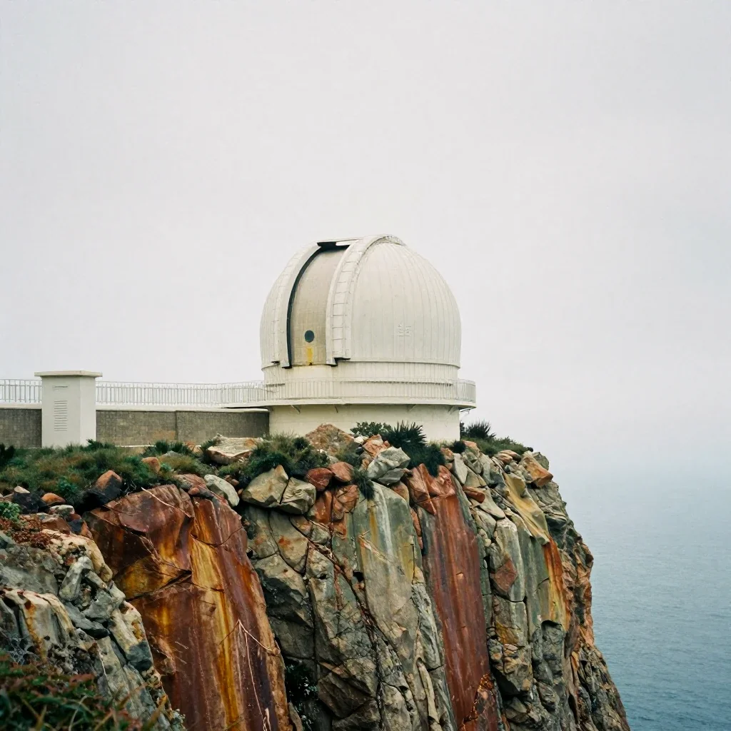 a cliffside observatory under overcast coastal light, soft-grain analog film photography, subtle film grain, rust and sa