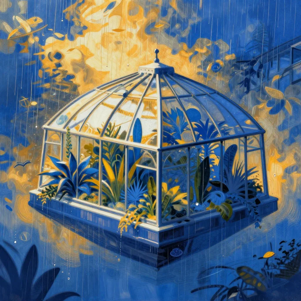 a floating botanical conservatory after warm summer rain, modernist poster illustration, crisp material detail, cobalt a