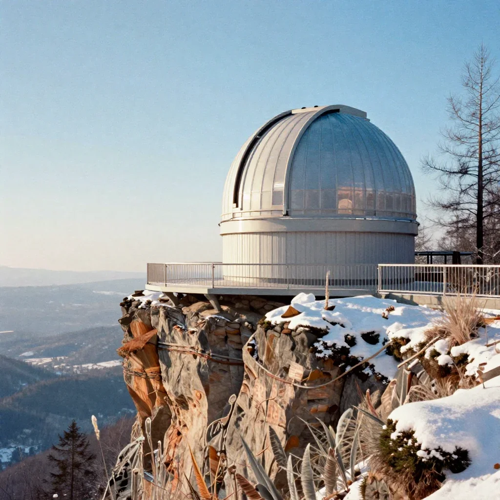 a cliffside observatory in crisp winter sunlight, contemporary botanical illustration, subtle film grain, ice blue and w
