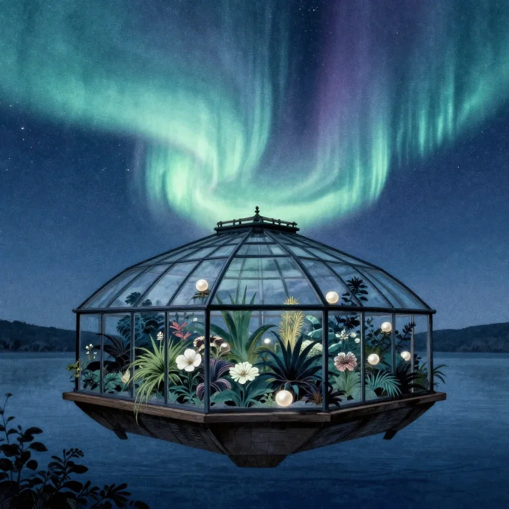 a floating botanical conservatory beneath an aurora, Japanese woodblock-inspired editorial art, subtle film grain, indig