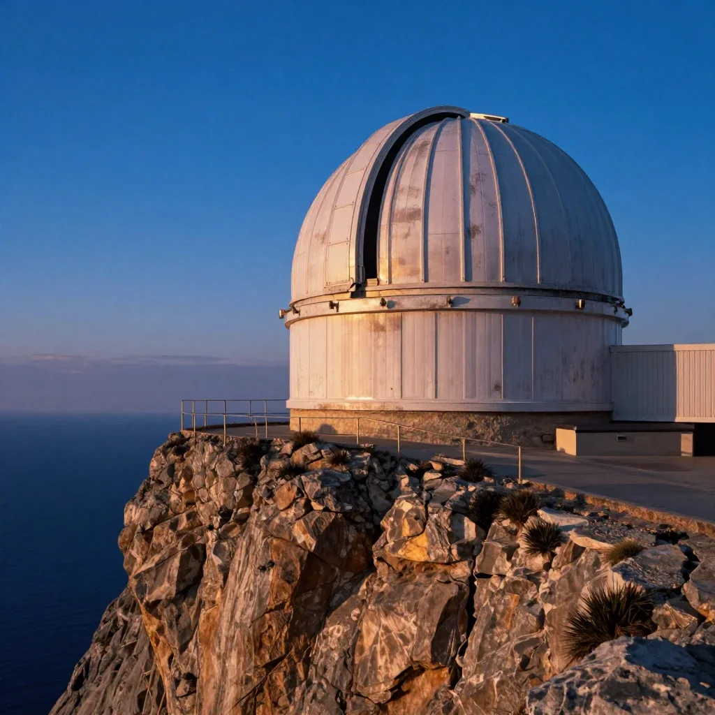 a cliffside observatory at blue hour, dreamlike fine-art landscape photography, weathered tactile surfaces, cobalt and a