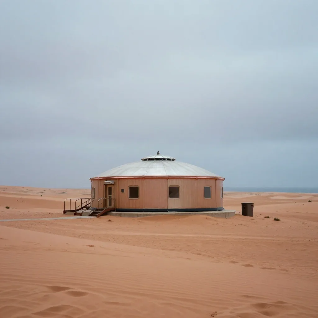 a desert research station under overcast coastal light, quiet science-fiction concept art, atmospheric depth, terracotta