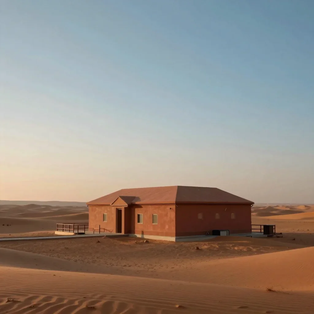 a desert research station in quiet late-afternoon haze, cinematic architectural photography, atmospheric depth, terracot