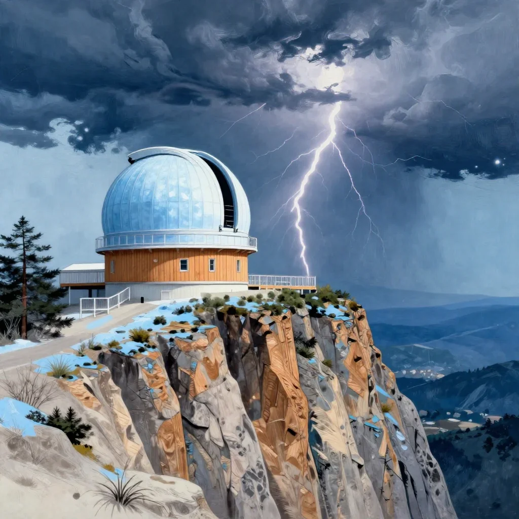 a cliffside observatory after a distant thunderstorm, Japanese woodblock-inspired editorial art, clean natural textures,