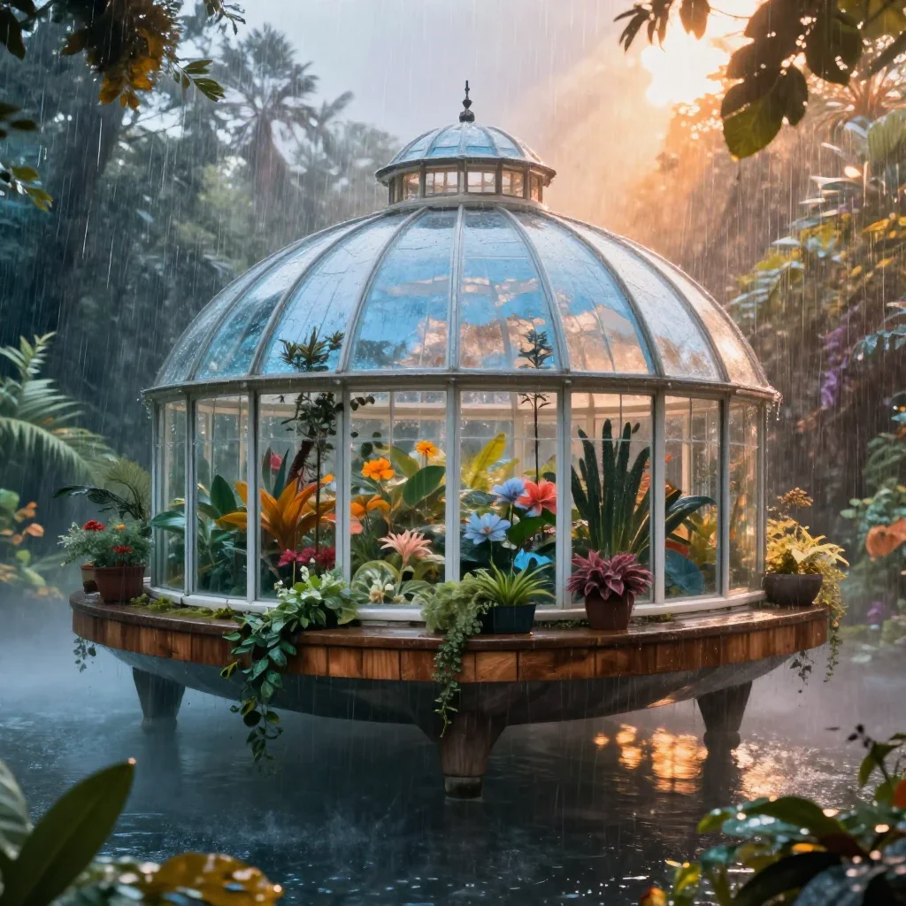 a floating botanical conservatory after warm summer rain, dreamlike fine-art landscape photography, soft volumetric ligh