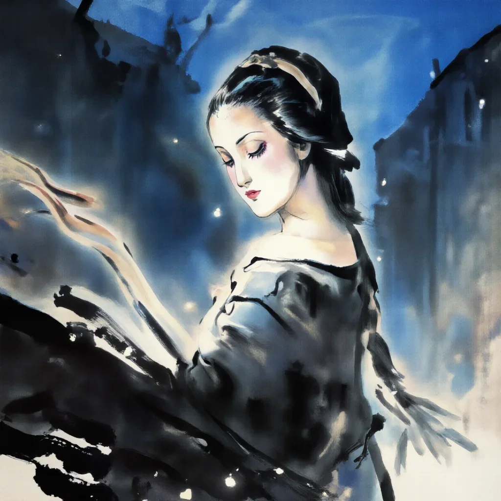 a spectral fox-spirit woman in an ink wash in a gentle reach toward the lens, in a blue-hour city apartment, Renaissance