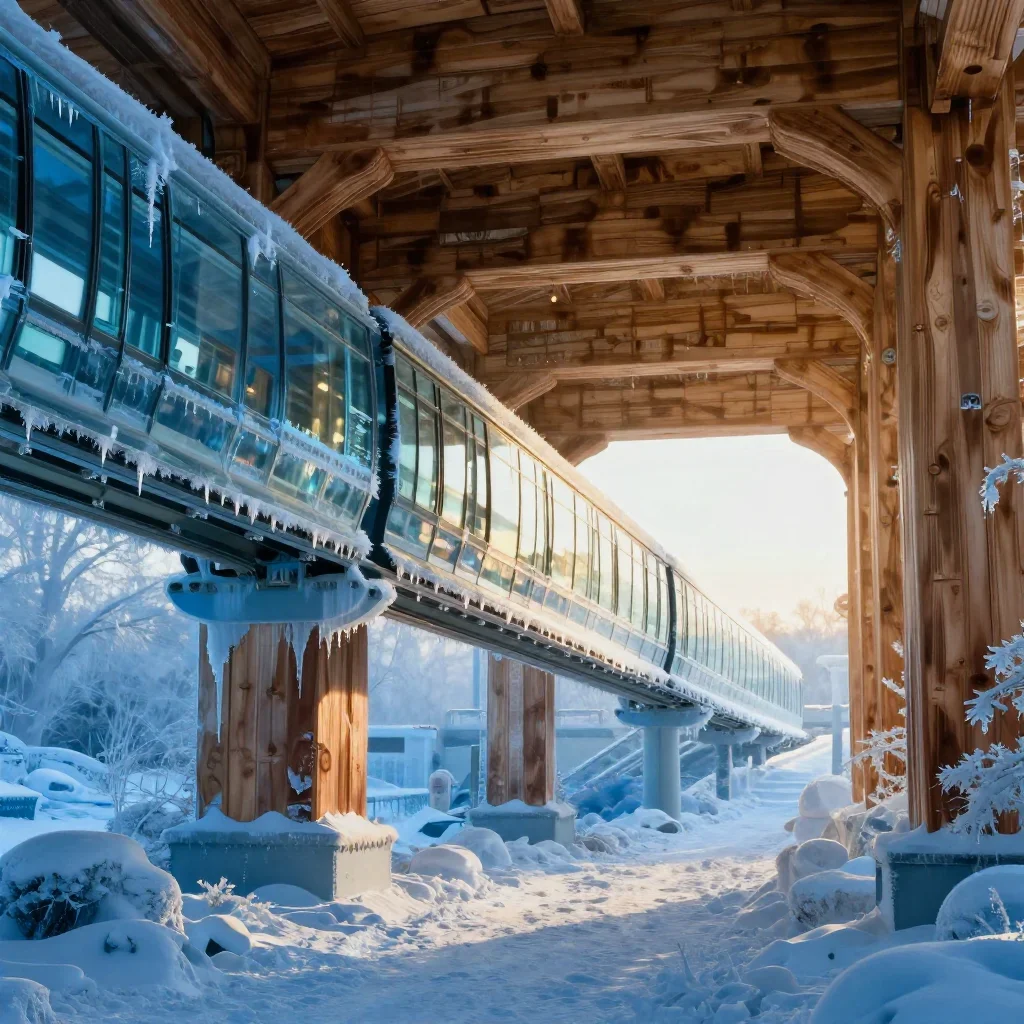 a glass monorail in crisp winter sunlight, cinematic architectural photography, atmospheric depth, ice blue and warm ced