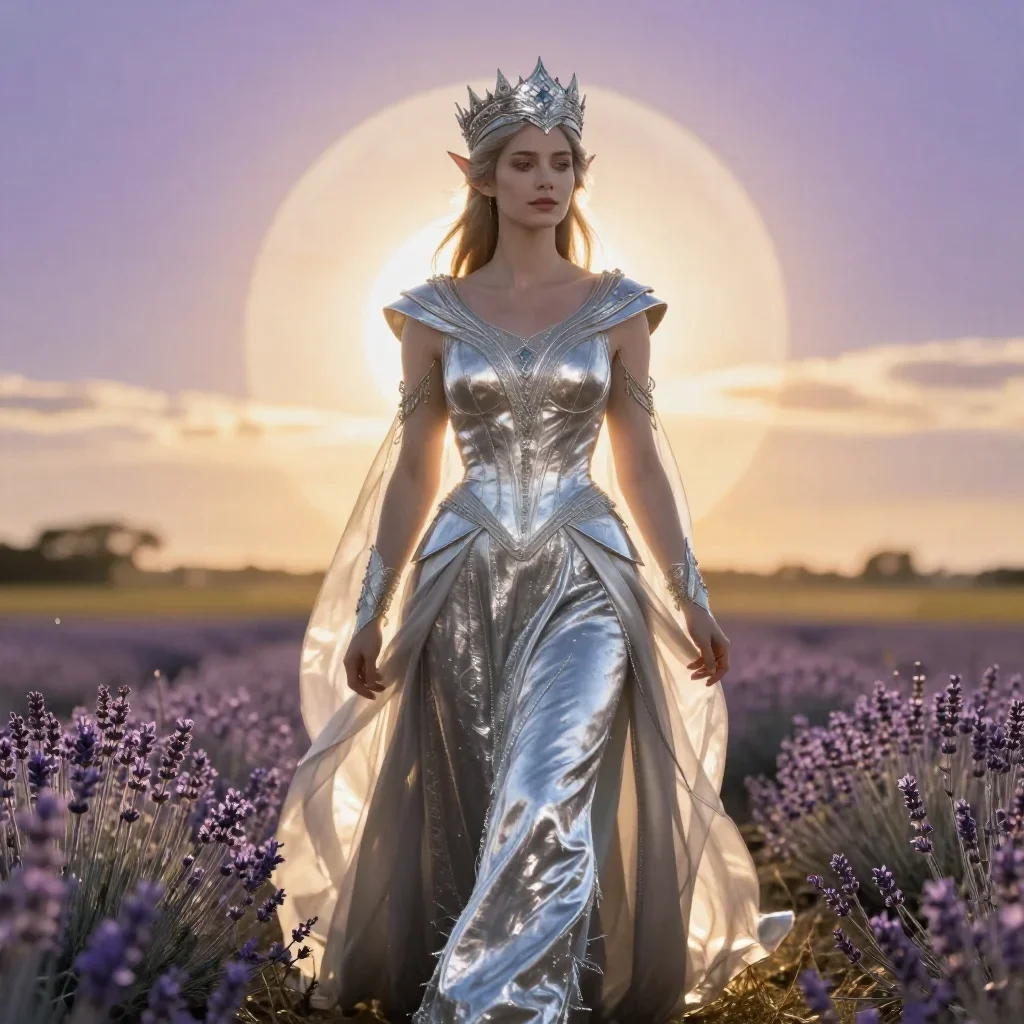 an elven queen in a moonlit silver crown in a confident cinematic stride, in a backlit golden-hour field, mythology-insp