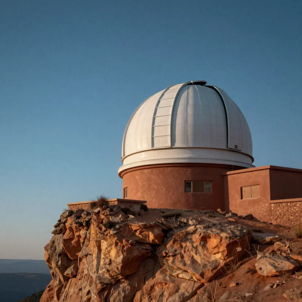 a cliffside observatory beneath a star-filled sky, cinematic architectural photography, atmospheric depth, terracotta an