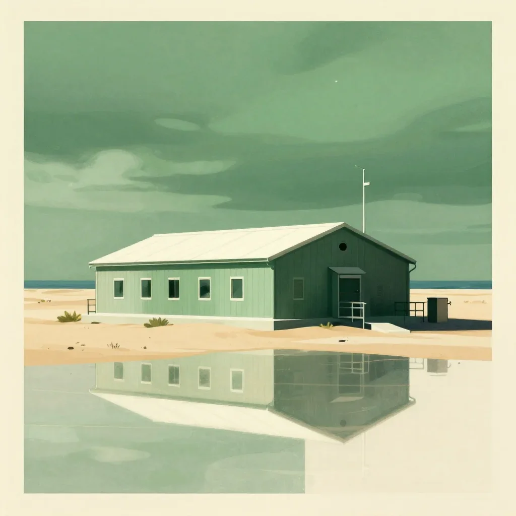 a desert research station under overcast coastal light, modernist poster illustration, gentle reflected light, moss gree