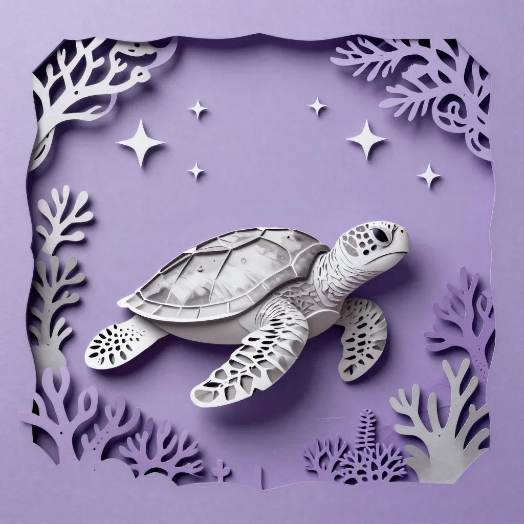 a sea turtle over a coral garden beneath a star-filled sky, intricate paper-cut illustration, crisp material detail, lav