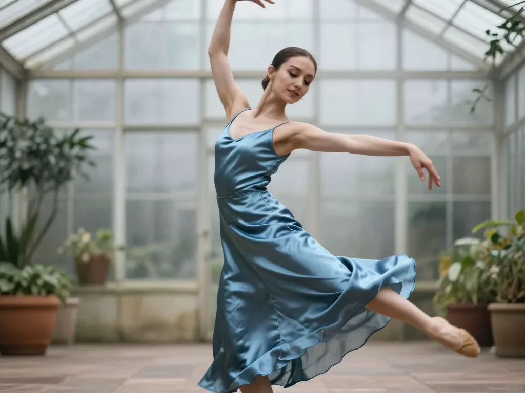 a dancer mid-spin in a silk maxi dress in a coy glance from under lowered lashes, in a greenhouse humid with mist, bold