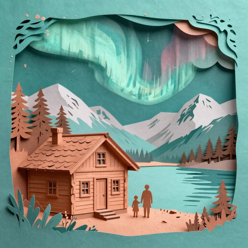 a cedar cabin beside an alpine lake beneath an aurora, intricate paper-cut illustration, weathered tactile surfaces, sea