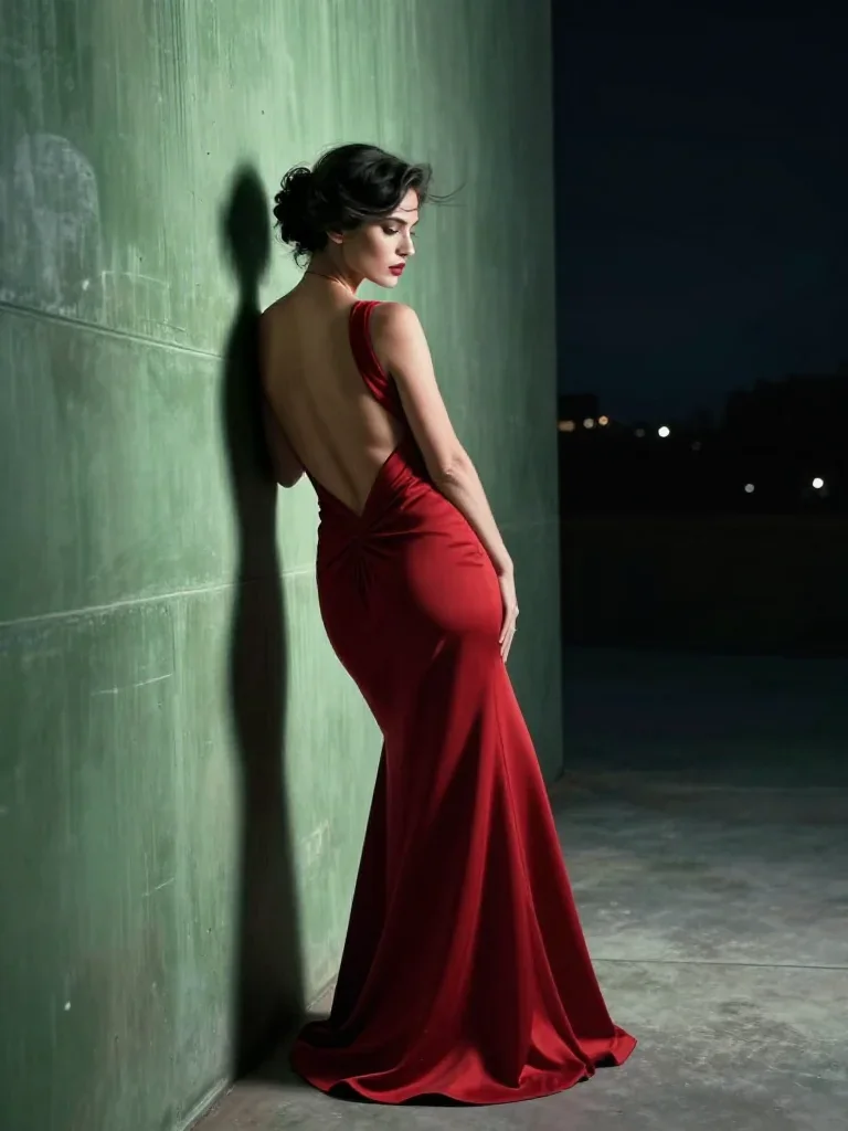 a femme fatale in a crimson backless gown in a wind-swept lean against a wall, on a midnight dance floor, futuristic spe