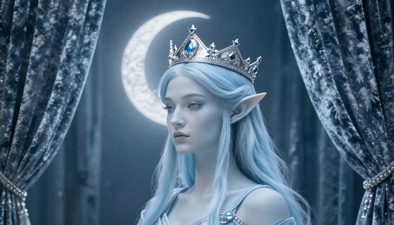 an elven queen in a moonlit silver crown mid-turn with fabric catching the light, in a velvet-curtained boudoir, mytholo
