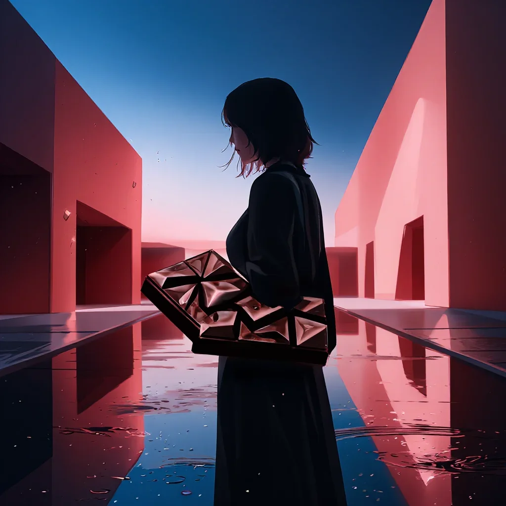 a geometric dark chocolate assortment after warm summer rain, cinematic architectural photography, gentle reflected light, coral and midnight blue palette, family-safe, no text, no logo, no watermark