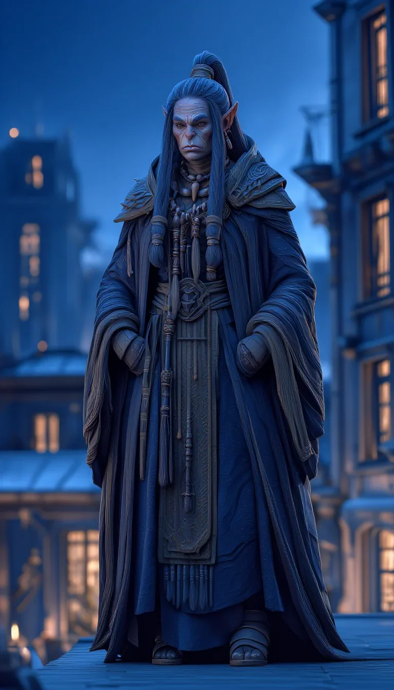a sorceress in a star-lit midnight cloak standing tall with hands in pockets, in a blue-hour city apartment, mythology-i