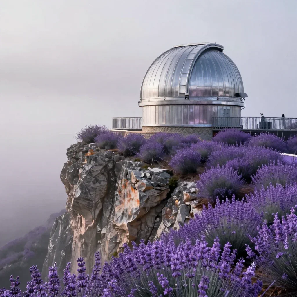 a cliffside observatory in early spring mist, refined editorial travel photography, crisp material detail, lavender and 