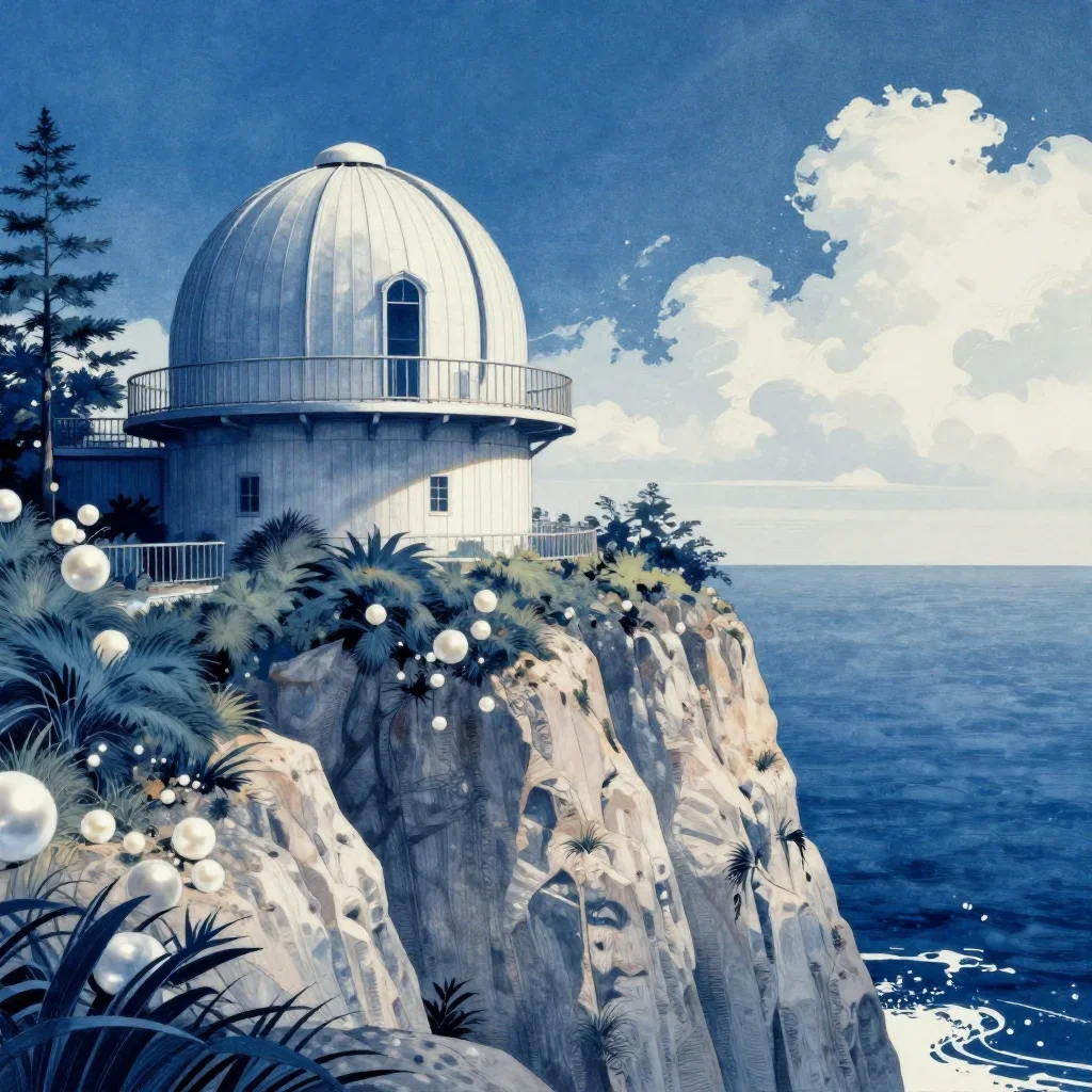 a cliffside observatory in a gentle sea breeze, Japanese woodblock-inspired editorial art, crisp material detail, indigo