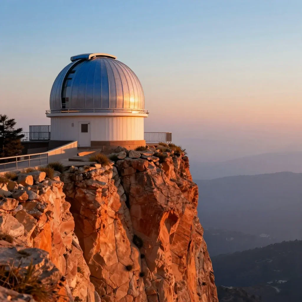 a cliffside observatory in quiet late-afternoon haze, high-end design magazine photography, crisp material detail, ochre