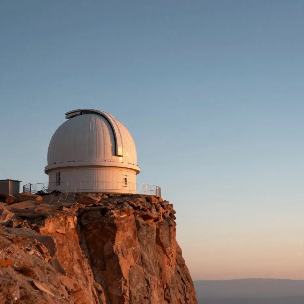 a cliffside observatory beneath a star-filled sky, quiet science-fiction concept art, calm negative space, terracotta an