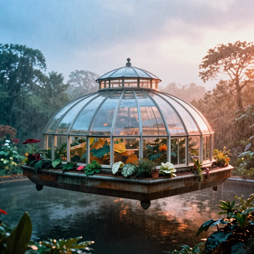 a floating botanical conservatory after warm summer rain, dreamlike fine-art landscape photography, subtle film grain, i