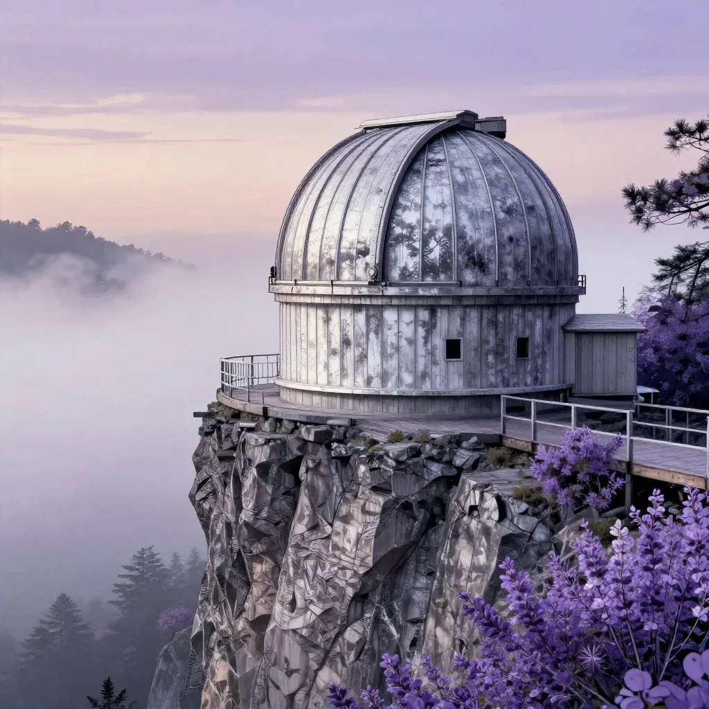 a cliffside observatory under soft dawn fog, Japanese woodblock-inspired editorial art, weathered tactile surfaces, lave