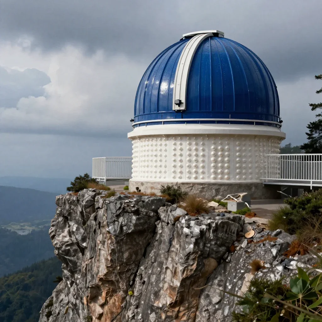 a cliffside observatory after warm summer rain, museum-quality still-life photography, crisp material detail, indigo and