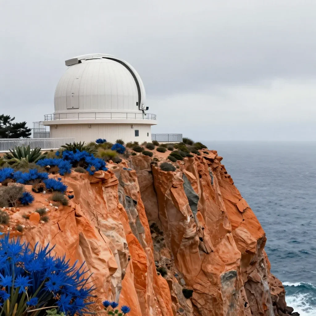 a cliffside observatory under overcast coastal light, contemporary botanical illustration, crisp material detail, ochre