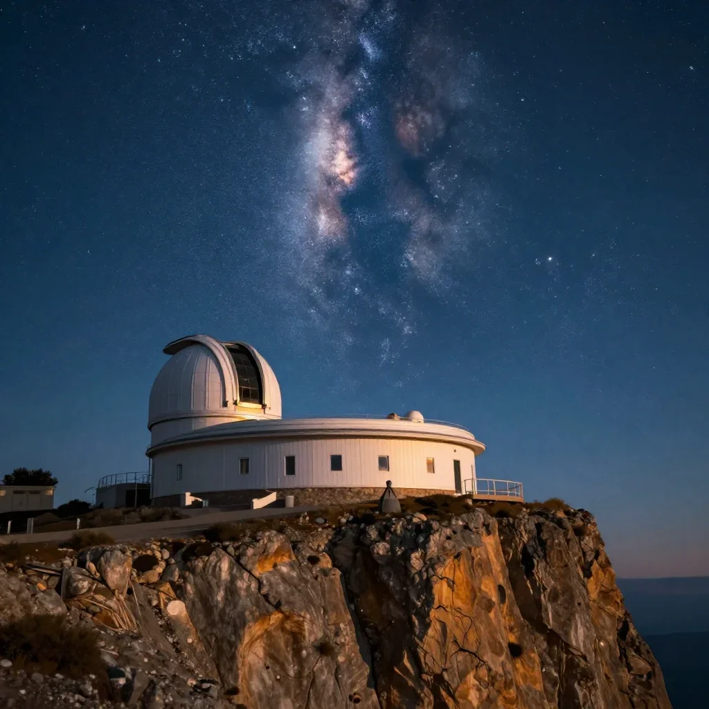 a cliffside observatory beneath a star-filled sky, quiet science-fiction concept art, clean natural textures, cobalt and