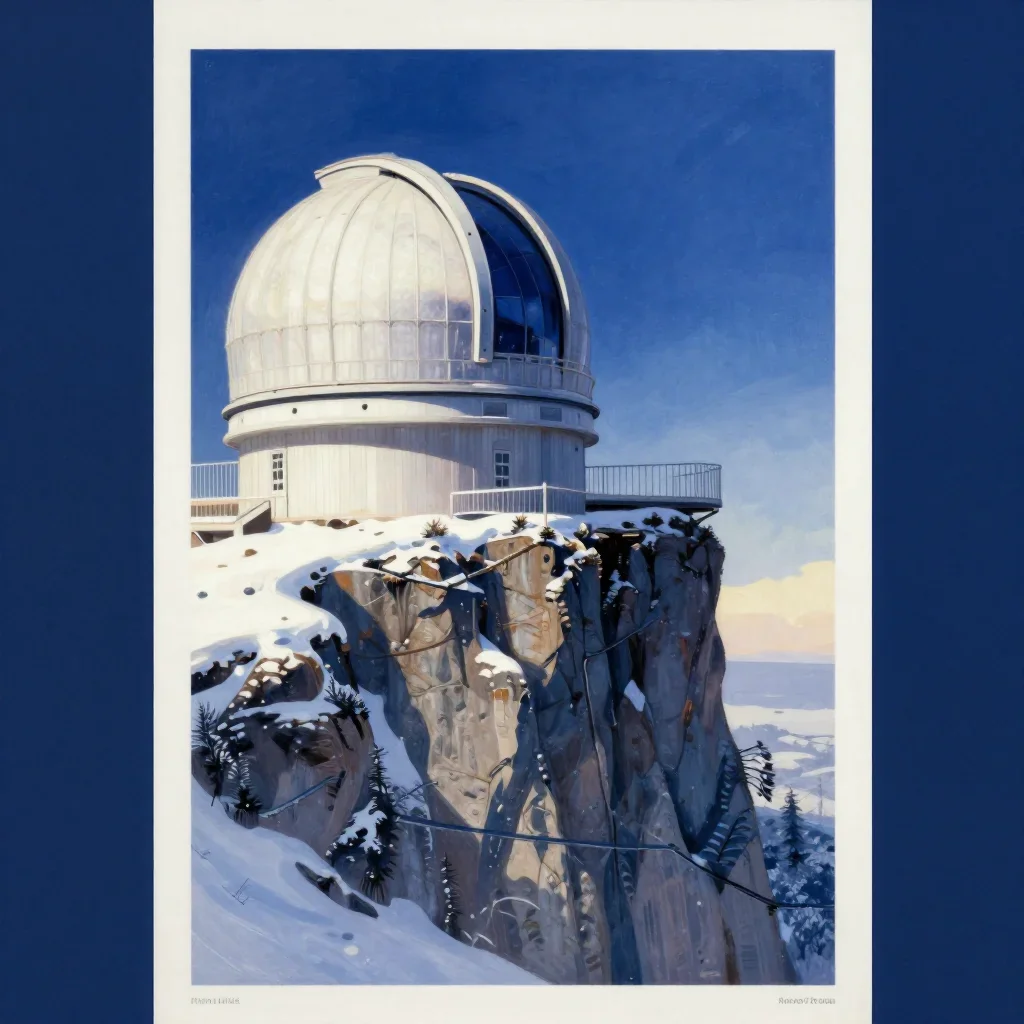 a cliffside observatory in crisp winter sunlight, modernist poster illustration, restrained color harmony, indigo and pe